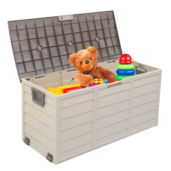 Outdoor Storage Box With Wheels, 75 Gallon Brown Plastic Deck Box for Patio, Garden, and Garage, 44 x 21.3 x 19.3 Inches