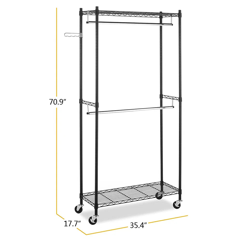 Rolling Garment Rack With Double Hanging Rails, Black Carbon Steel Closet Organizer With Wire Shelves and Locking Wheels, 35.4" x 17.7" x 70.9"