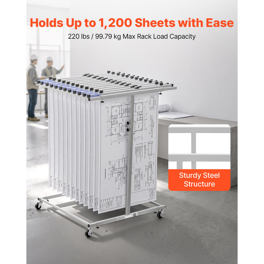 Mobile Blueprint Storage Rack, Steel Vertical Drawing Holder Stand With Wheels, Adjustable File Organizer for Construction Plans and Posters, Clamps