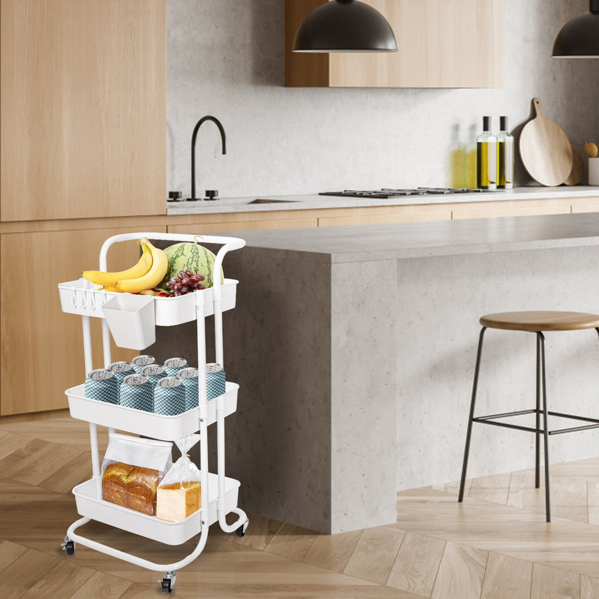 3-Tier Rolling Utility Cart With Mesh Baskets, Hanging Box and 4 Hooks, Lockable 360-Degree Wheels, Black or White