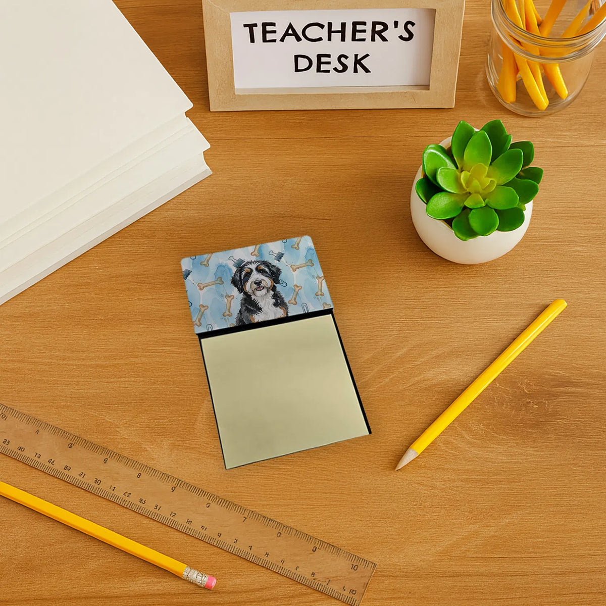 Sticky Note Holder With Refillable 3 x 3 Pad, Watercolor Bernedoodle Dog Art Desk Accessory