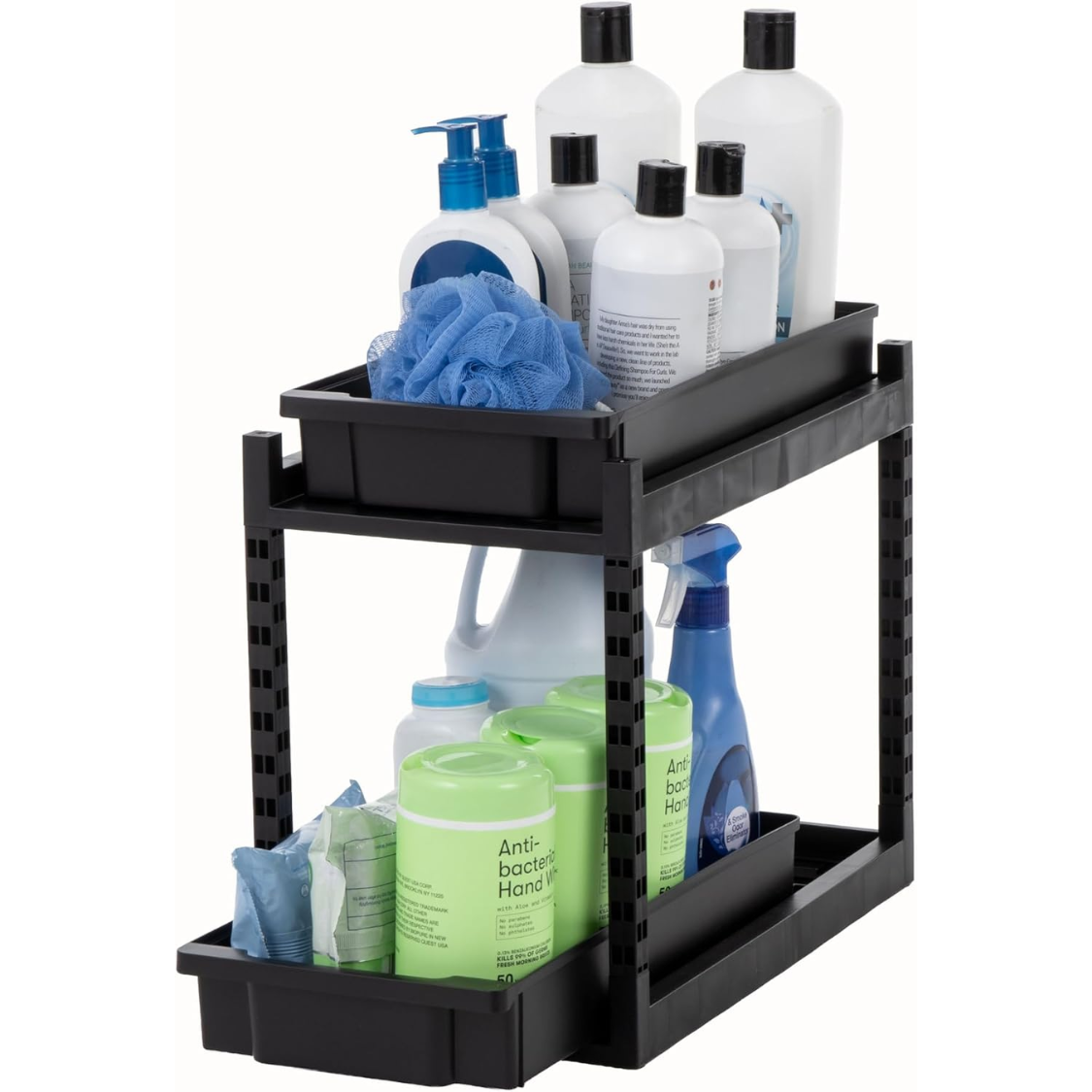 2 Tier Pull Out Cabinet Organizer, Black Under Sink Sliding Drawer Storage for Kitchen, Bathroom and Pantry, 16 x 9 x 14 in
