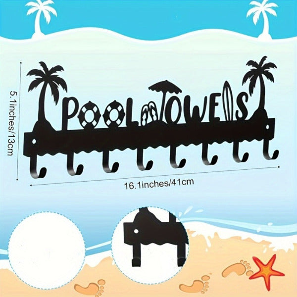 Pool Towel Rack With 8 Hooks, Wall Mounted Black Metal Towel Holder for Bathroom, Poolside, and Spa