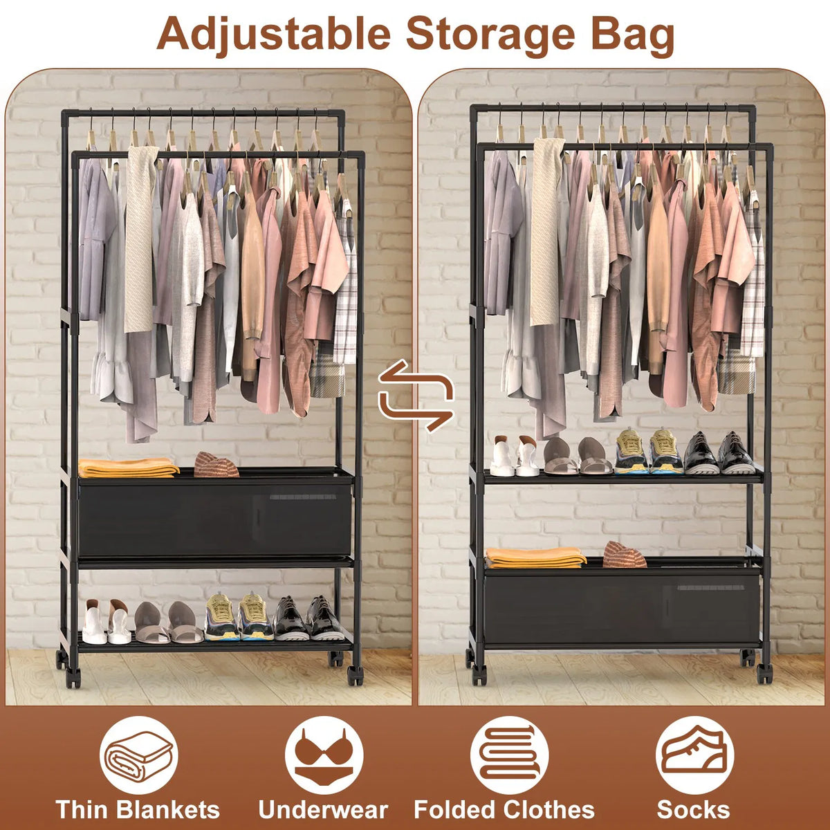 Rolling Garment Rack With Double Hanging Rods, Storage Bag and Shoe Shelf, Black Iron 3-Tier Clothes Rack for Bedroom and Entryway