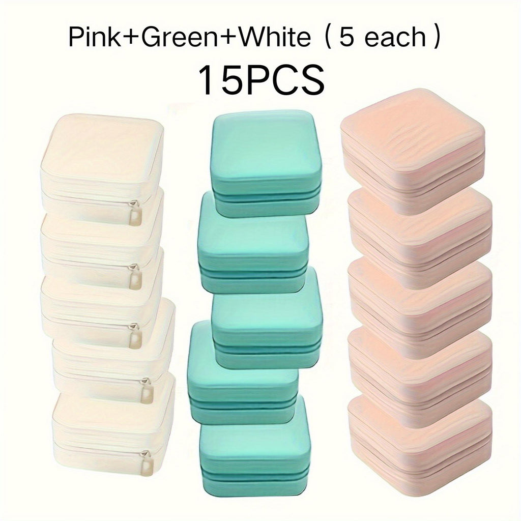 Travel Jewelry Box Set, 15 Pack Mini PU Leather Jewelry Organizer Cases in Pink, Green and White for Rings, Earrings and Necklaces