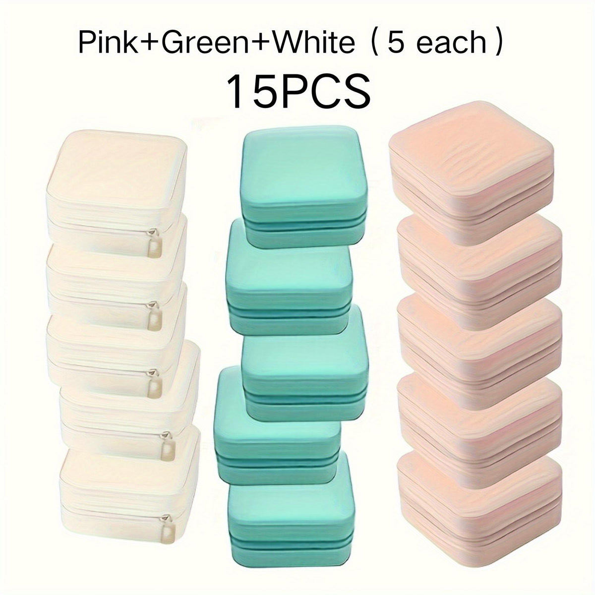 Travel Jewelry Box Set, 15 Pack Mini PU Leather Jewelry Organizer Cases in Pink, Green and White for Rings, Earrings and Necklaces