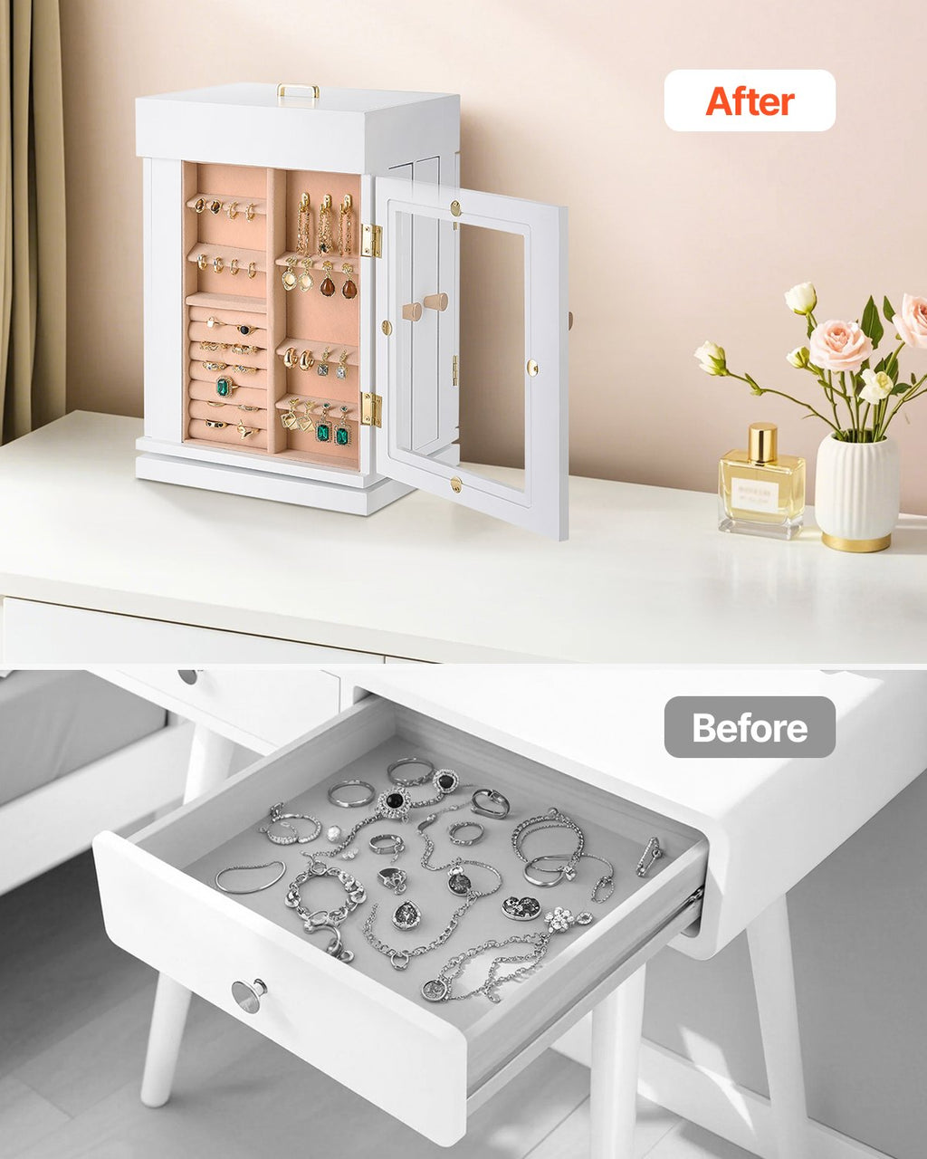 Rotating Jewelry Box Organizer, White MDF Case With Magnetic Doors, Acrylic Windows, 4 Necklace Hooks and Flannel Lining