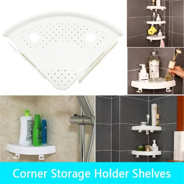 Corner Shower Shelf Organizer, White Plastic Wall Mount Caddy With Hooks and Drain Holes, No Drilling