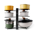 Adjustable Pot and Pan Organizer Rack, Black Steel Pot Lid Holder for Kitchen Cabinets, Countertops and Drawers