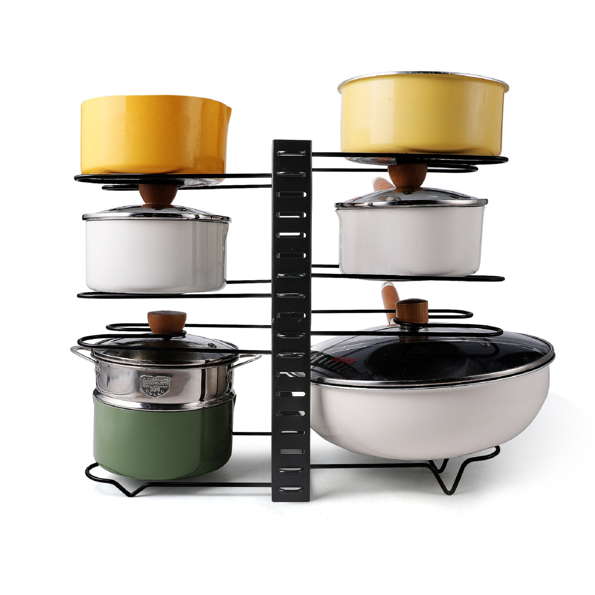 Adjustable Pot and Pan Organizer Rack, Black Steel Pot Lid Holder for Kitchen Cabinets, Countertops and Drawers