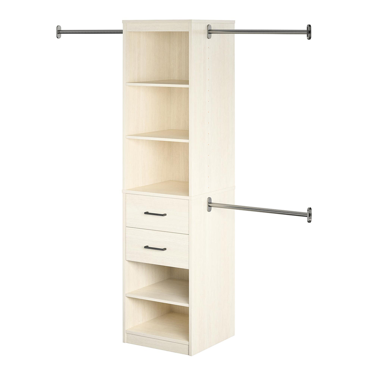 Closet Organizer Tower With 5 Shelves, 2 Drawers and 3 Adjustable Hanging Rods, Ivory Woodgrain
