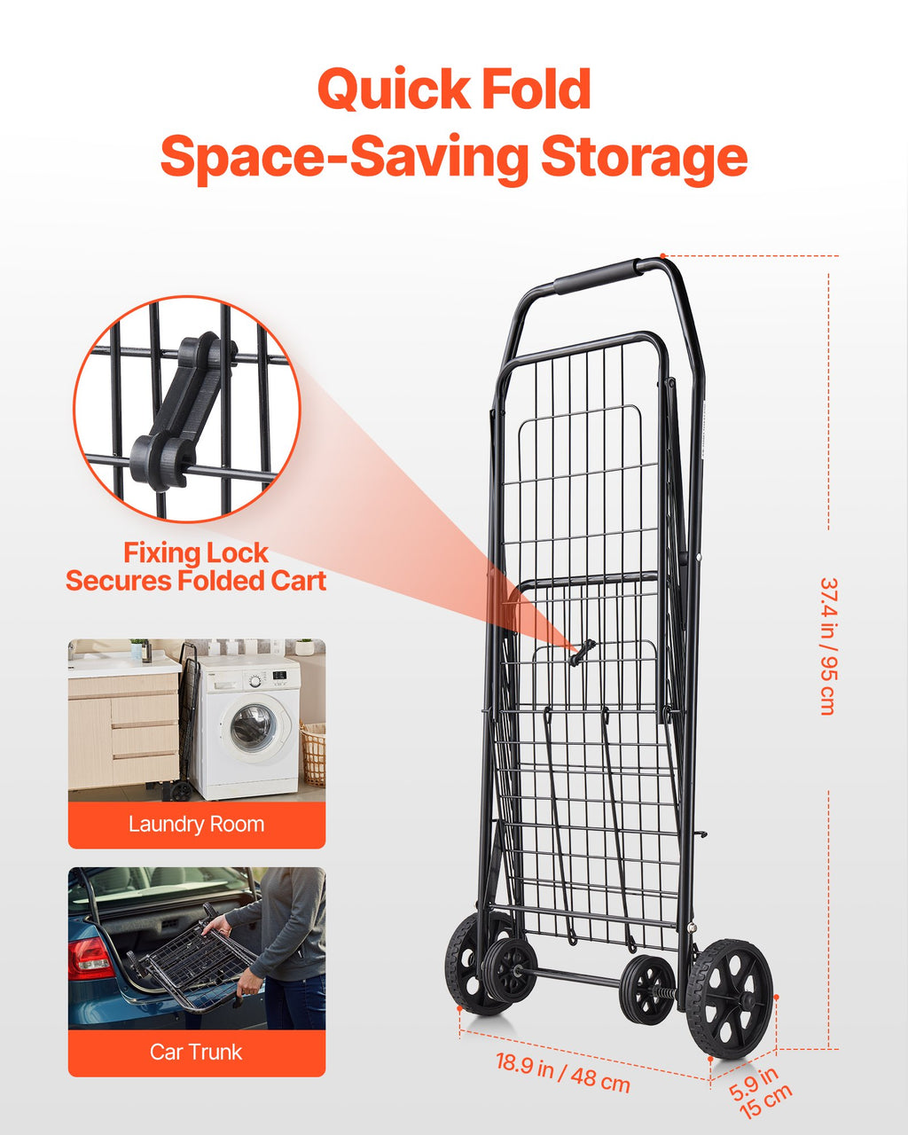 Folding Shopping Cart with Swivel Wheels, 90 lb Capacity Rolling Grocery and Laundry Utility Cart, Black Metal Mesh Basket