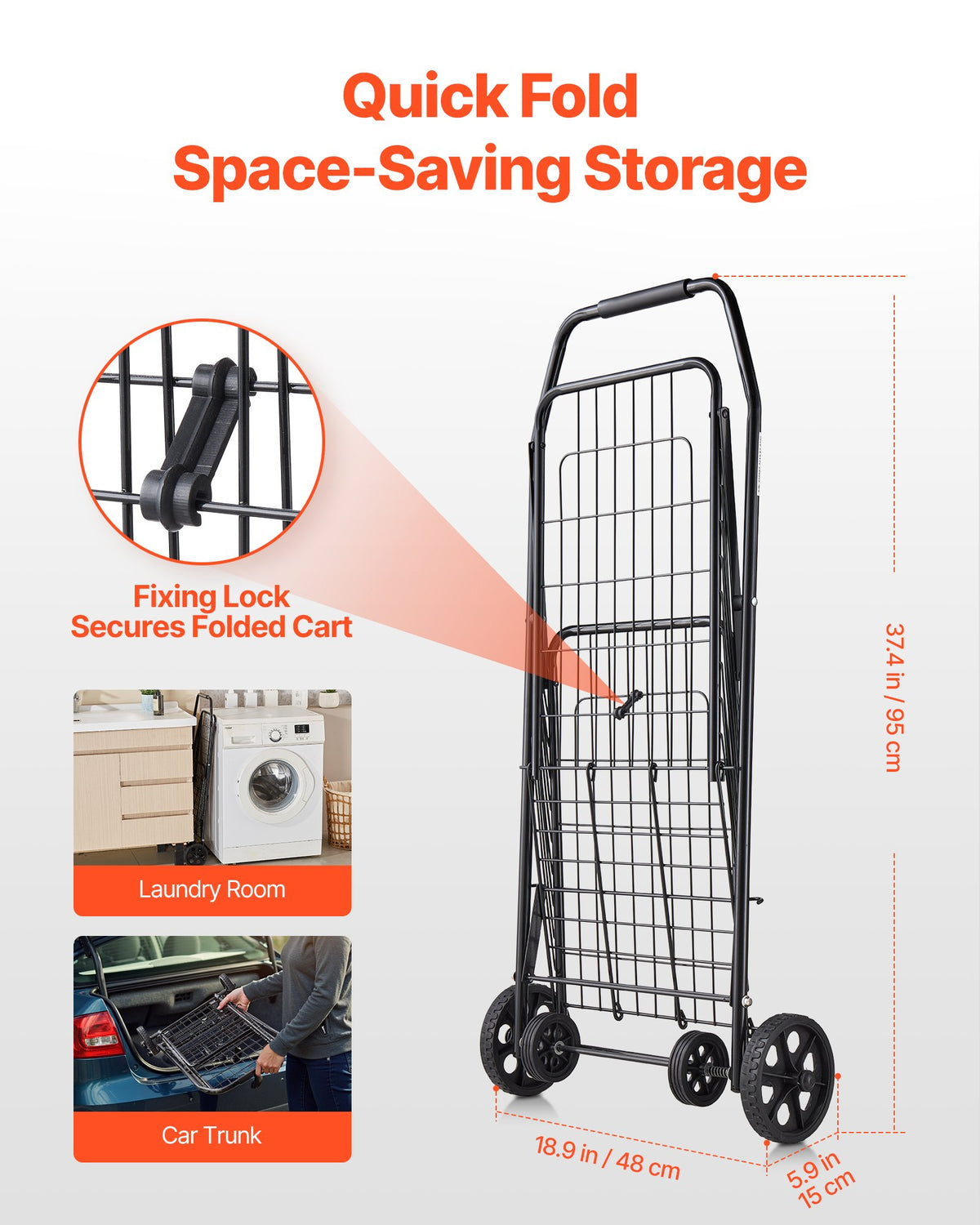 Folding Shopping Cart with Swivel Wheels, 90 lb Capacity Rolling Grocery and Laundry Utility Cart, Black Metal Mesh Basket