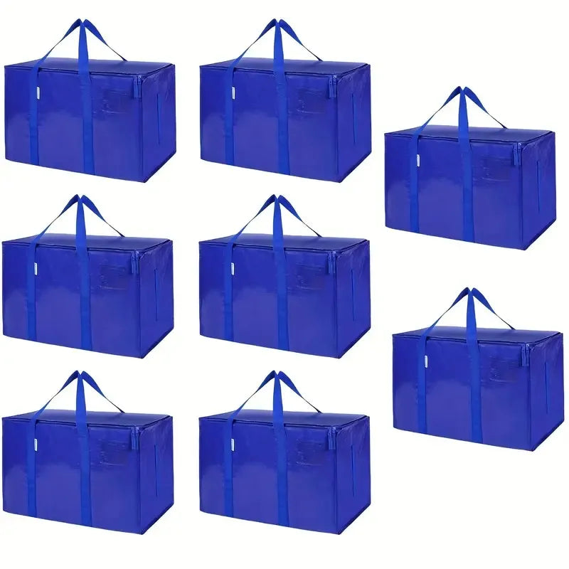 Large Moving Storage Bag With Zipper and Handles, Blue Heavy-Duty Tote for Clothes and Closet Storage, 1 or 8 Pack