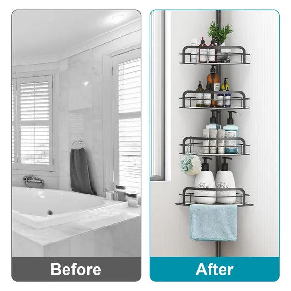 Corner Shower Caddy With Tension Pole, 4 Adjustable Shelves, Towel Bar and 2 Hooks, Black, 8.66-116.14 In