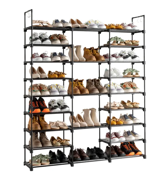 9 Tier Shoe Rack Storage Organizer, Black Metal and Plastic Shoe Shelf for Entryway and Closet, Holds 50-55 Pairs, 2 Hooks