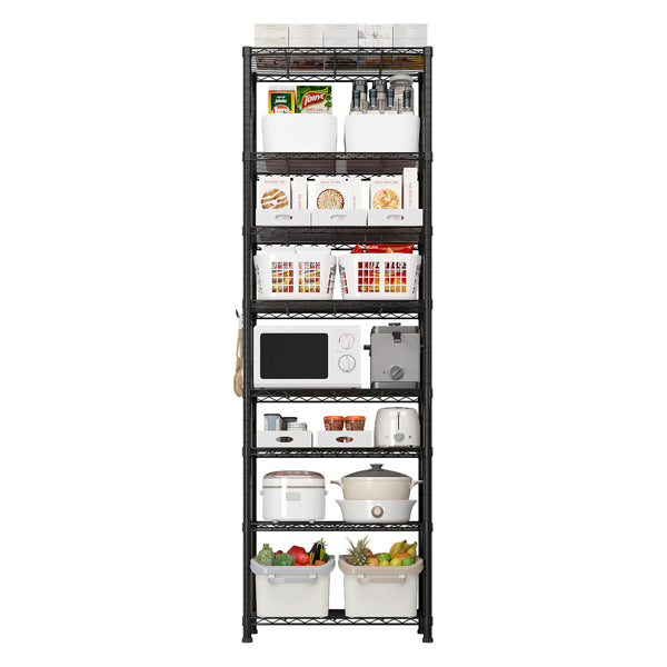 8-Tier Wire Shelving Unit, Black Carbon Steel Storage Rack With Adjustable Feet and 4 S-Hooks, 23.62 x 13.78 x 78.74 Inches