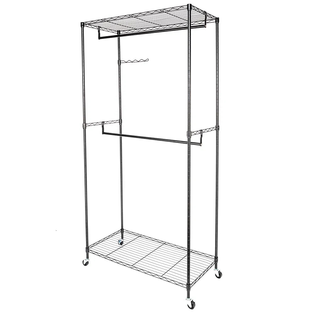 Rolling Garment Rack With Double Hanging Rails, Black Carbon Steel Closet Organizer With Wire Shelves and Locking Wheels, 35.4" x 17.7" x 70.9"