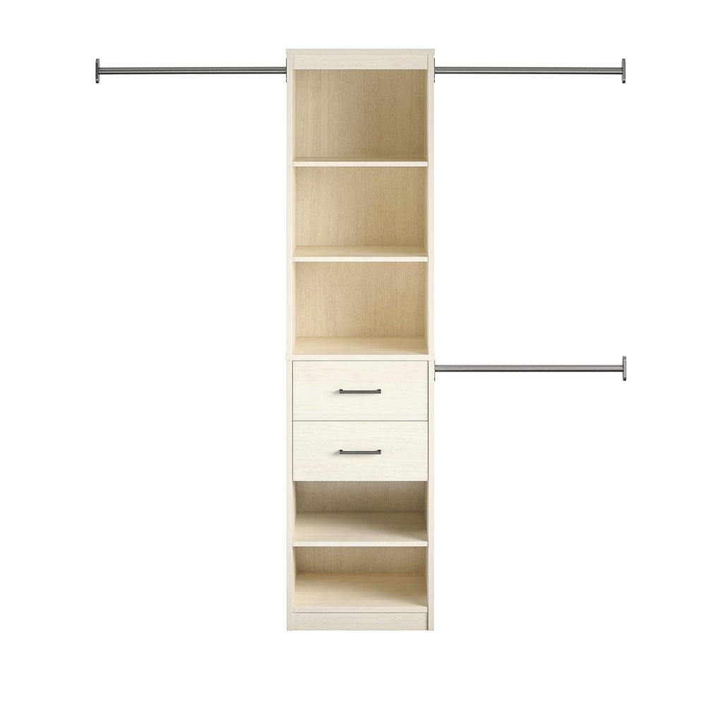 Closet Organizer Tower With 5 Shelves, 2 Drawers and 3 Adjustable Hanging Rods, Ivory Woodgrain