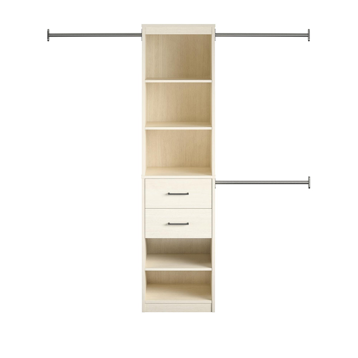 Closet Organizer Tower With 5 Shelves, 2 Drawers and 3 Adjustable Hanging Rods, Ivory Woodgrain