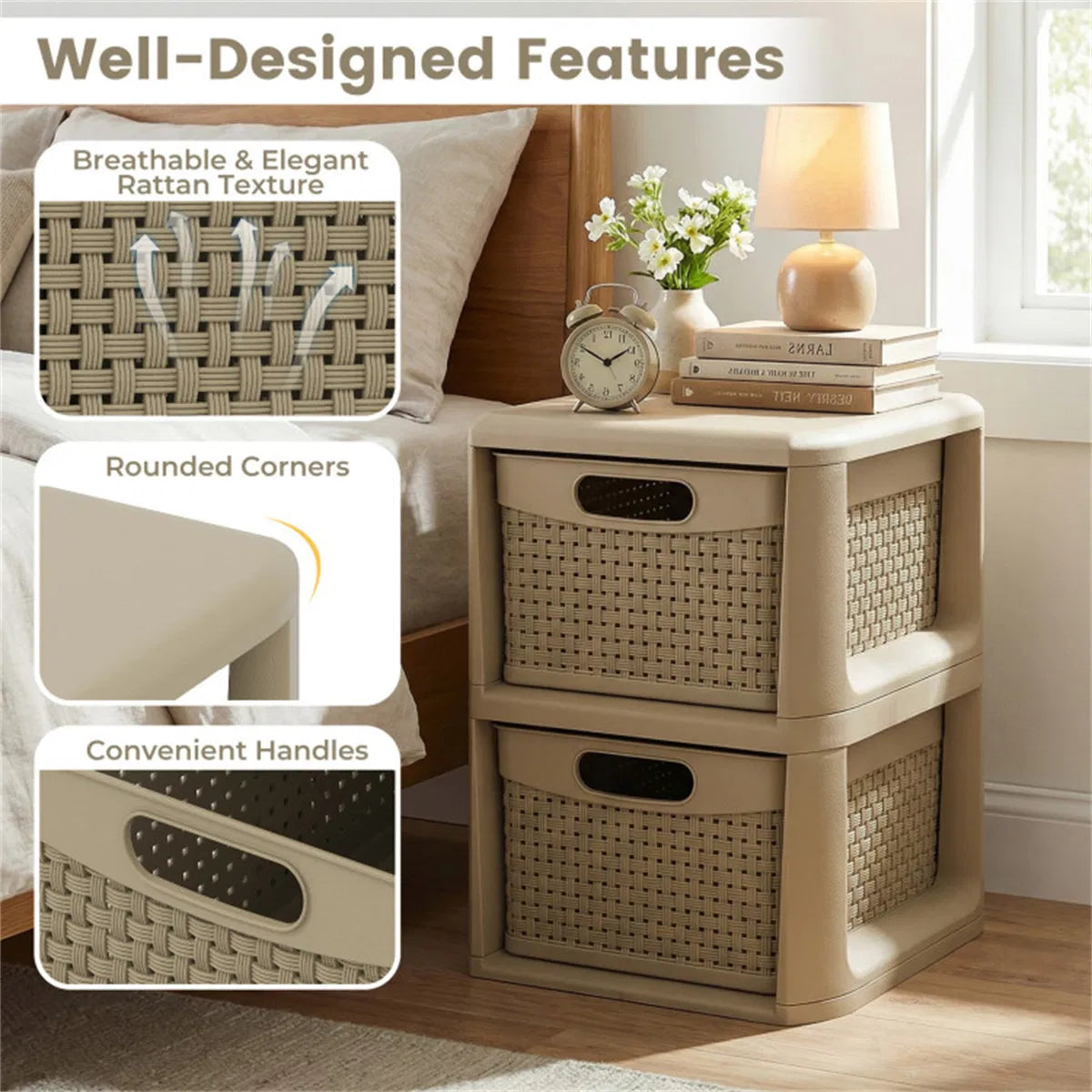 2-Drawer Storage Organizer, Brown Wicker Style Plastic Narrow Cabinet for Bedroom, Bathroom, and Home Office, 13 x 10 x 14 Inches