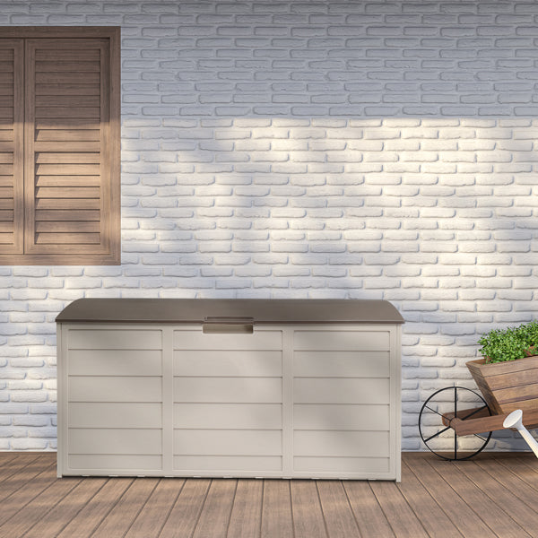 Outdoor Storage Box With Wheels, 75 Gallon Brown Plastic Deck Box for Patio, Garden, and Garage, 44 x 21.3 x 19.3 Inches