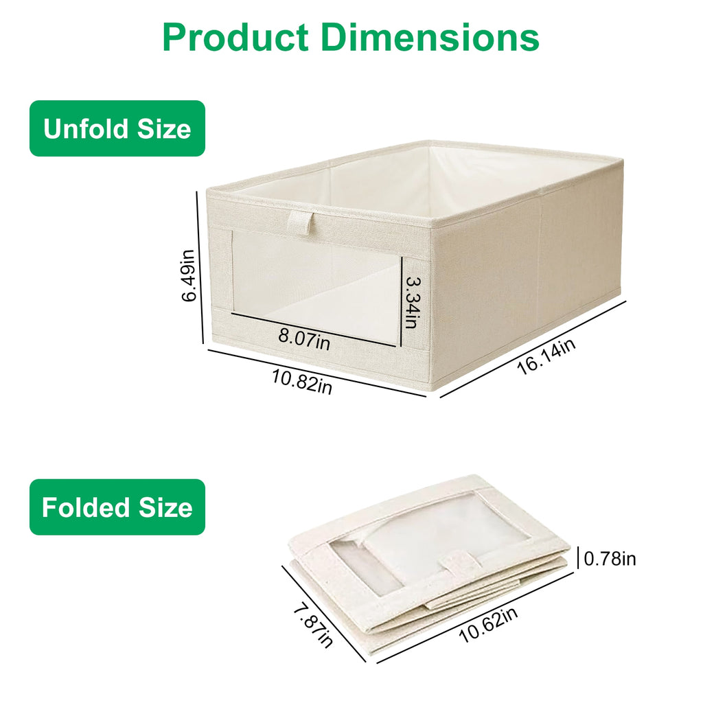 Foldable Linen Closet Storage Bins With Clear Window, Set of 4, Beige Fabric Shelf Organizers, 16.14 x 10.82 x 6.49 in