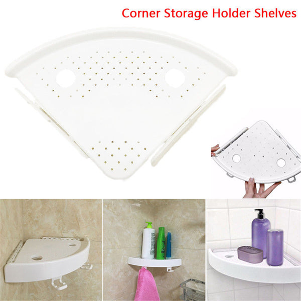 Corner Shower Shelf Organizer With Hooks, White Plastic Adhesive Bathroom Corner Caddy, No Drilling