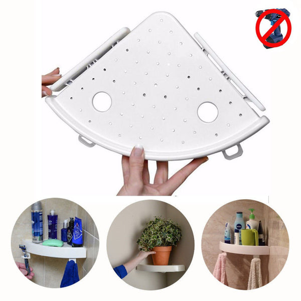 Corner Shower Shelf Organizer With Hooks, White Plastic Adhesive Bathroom Corner Caddy, No Drilling