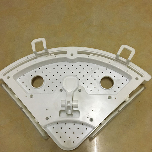 Corner Shower Shelf Organizer With Hooks, White Plastic Adhesive Bathroom Corner Caddy, No Drilling