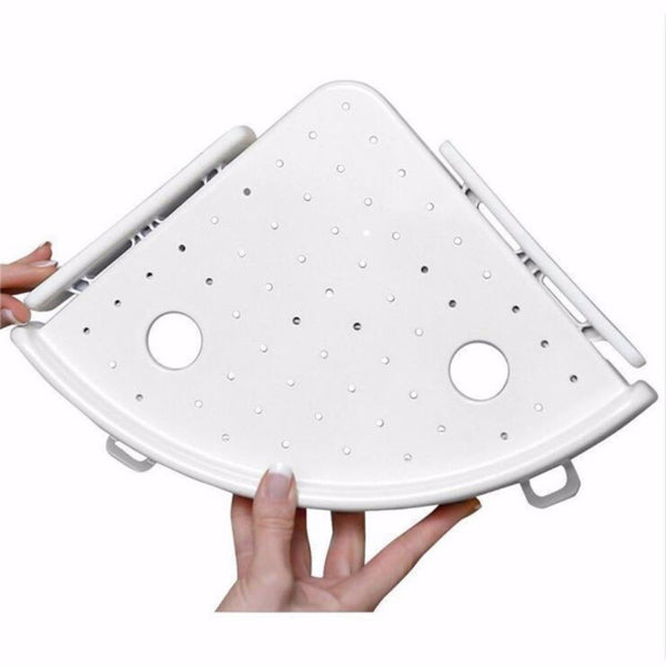 Corner Shower Shelf Organizer With Hooks, White Plastic Adhesive Bathroom Corner Caddy, No Drilling