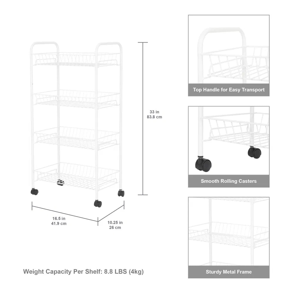 Rolling 4-Tier Metal Storage Cart, White Wire Basket Utility Cart for Laundry Room, Kitchen and Bathroom, 16.5" W