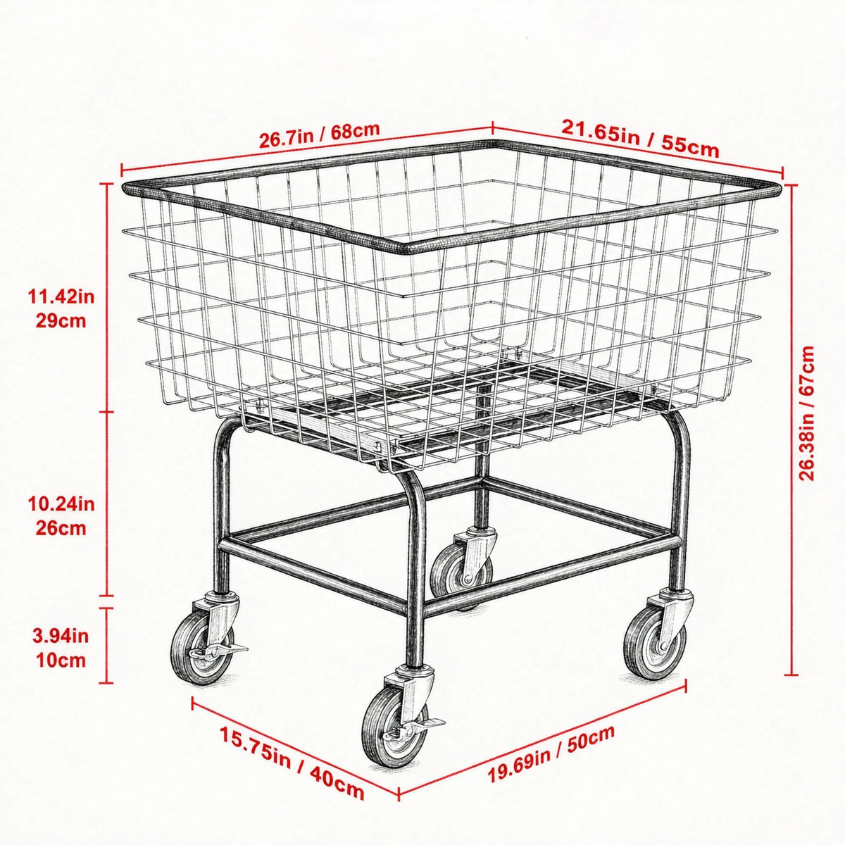 Wire Laundry Cart with Wheels, 2.8 Bushel Rolling Laundry Basket, Steel Frame with 4" Swivel Casters, 26.7" x 21.7" x 26.4"