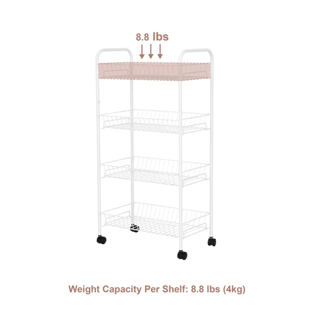 Rolling 4-Tier Metal Storage Cart, White Wire Basket Utility Cart for Laundry Room, Kitchen and Bathroom, 16.5" W
