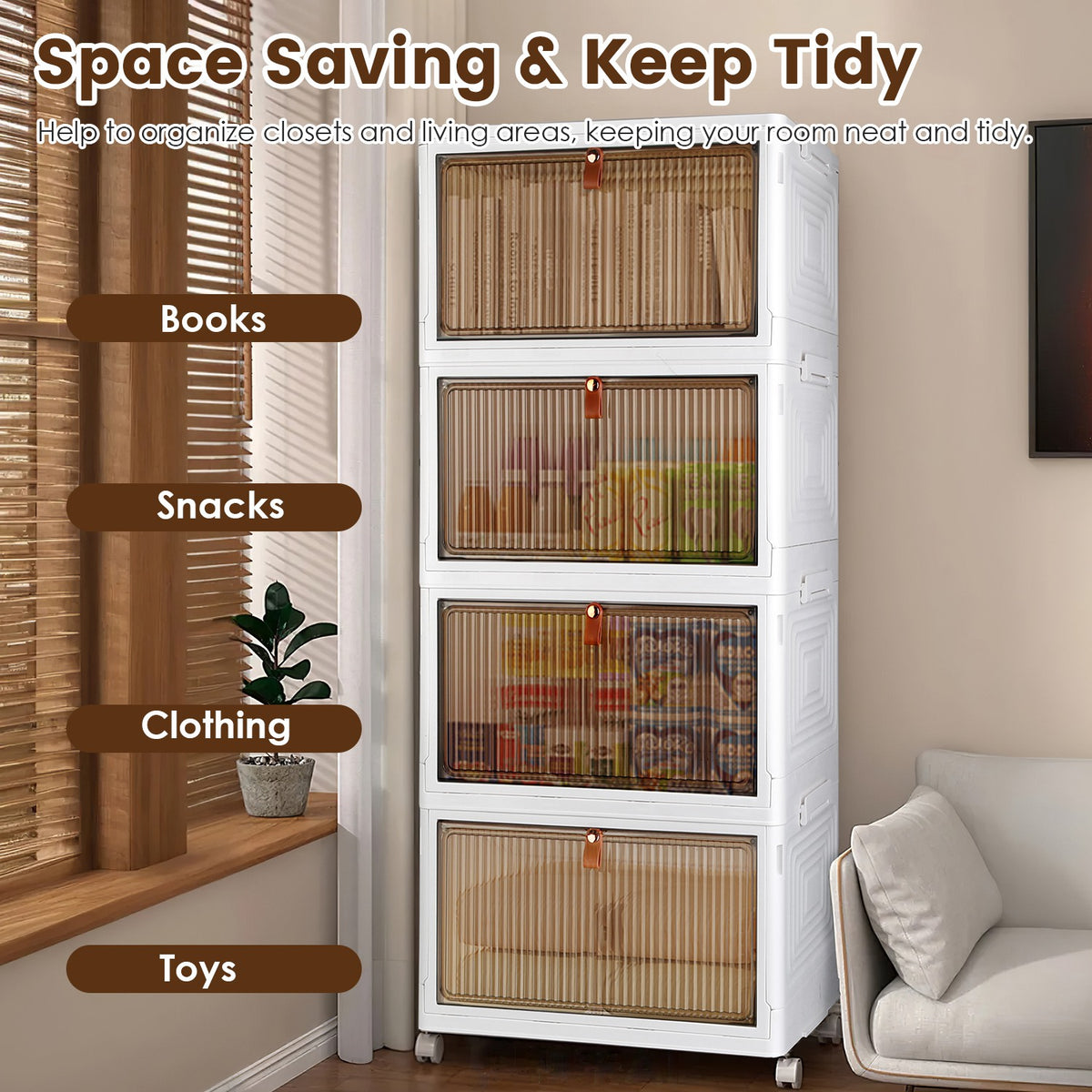 4-Tier Foldable Storage Bins With Magnetic Front Doors and Wheels, Beige Stackable Closet Organizer, 76 or 85.6 Quart