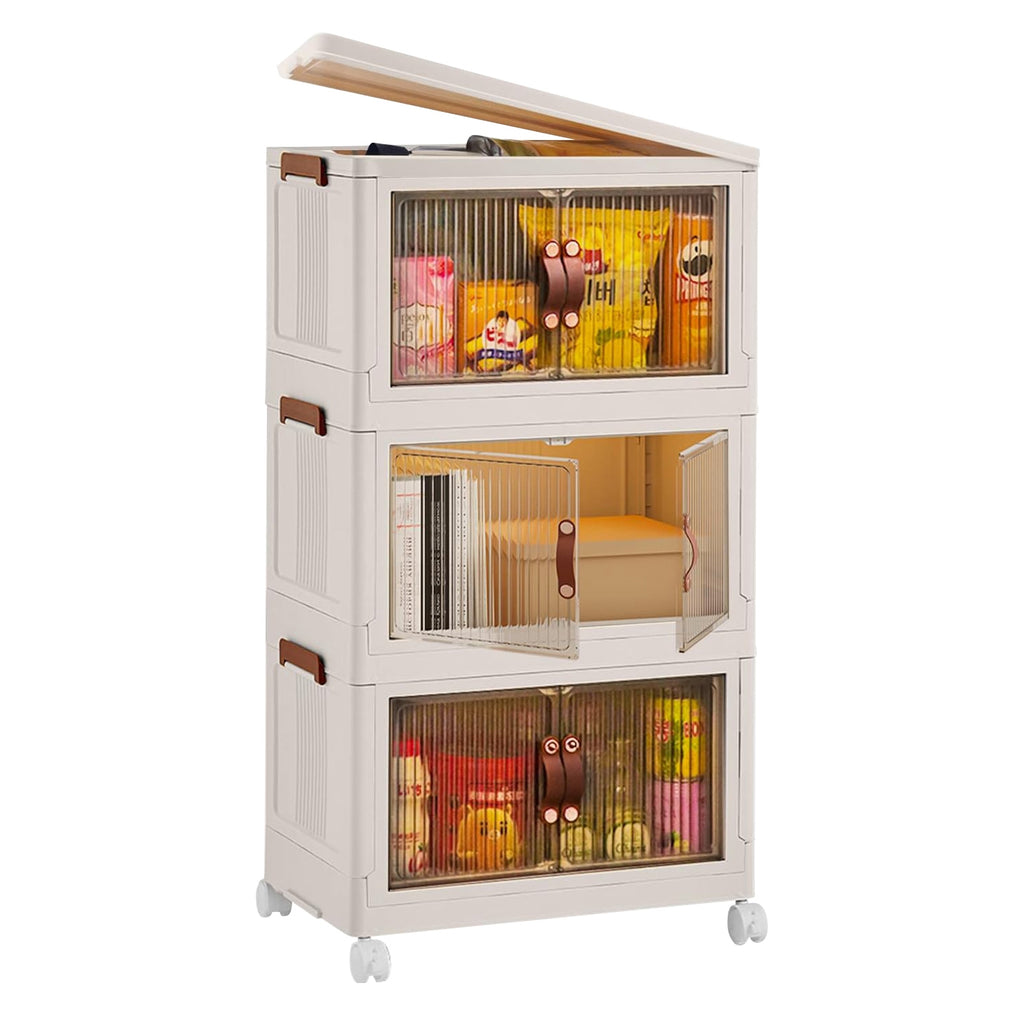 Foldable Storage Bins With Lids and Wheels, Set of 3, Beige Plastic Stackable Cubes With Magnetic Front Doors