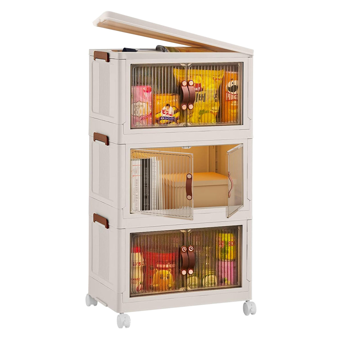 Foldable Storage Bins With Lids and Wheels, Set of 3, Beige Plastic Stackable Cubes With Magnetic Front Doors