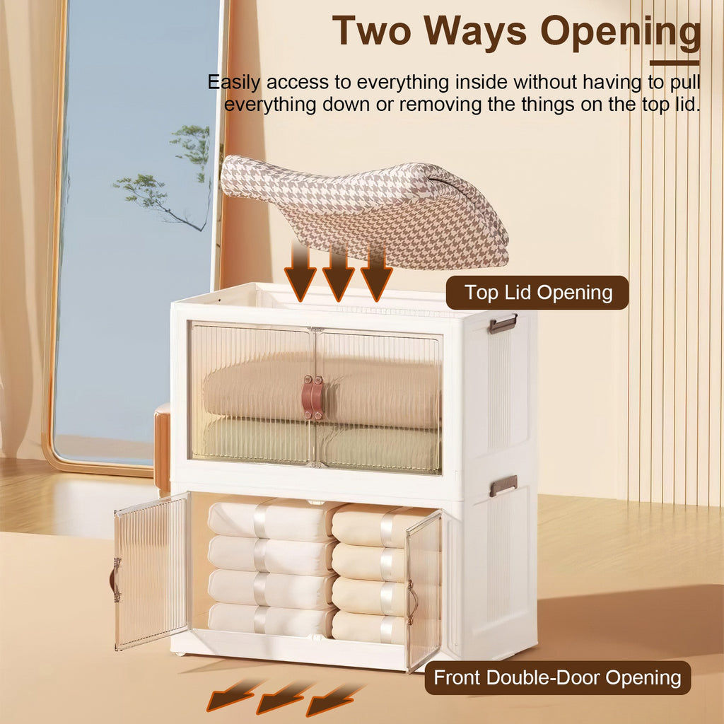 Foldable Storage Bins With Lids and Wheels, Set of 3, Beige Plastic Stackable Cubes With Magnetic Front Doors