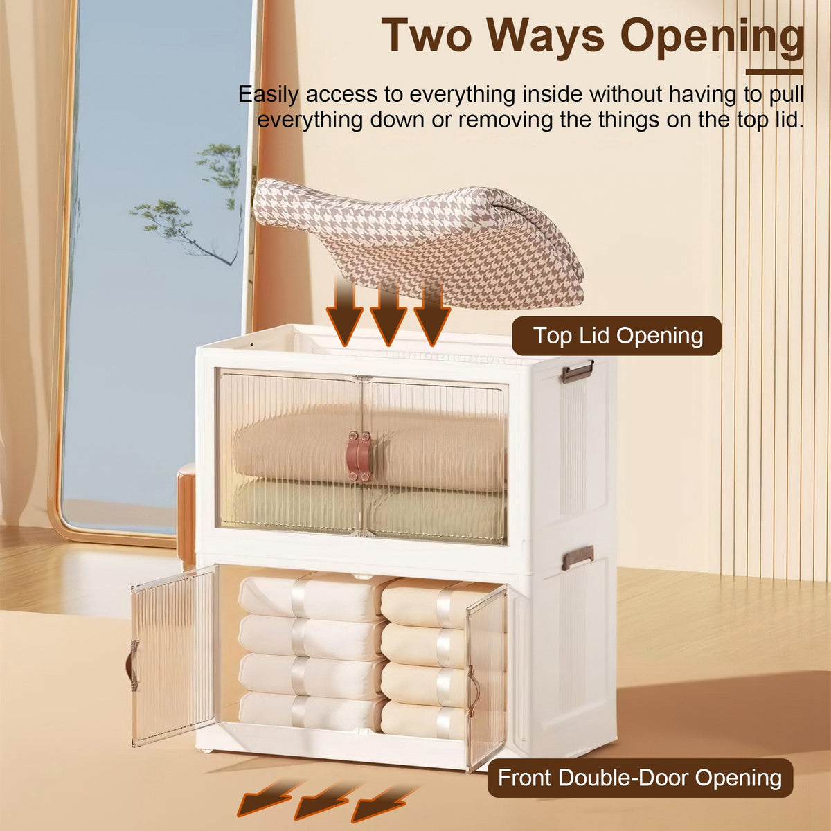 Foldable Storage Bins With Lids and Wheels, Set of 3, Beige Plastic Stackable Cubes With Magnetic Front Doors