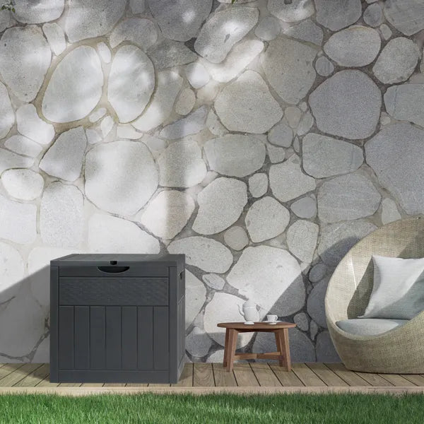 Outdoor Storage Box, 33 Gallon Dark Gray Plastic Deck Box With Wood and Rattan Texture, Clamshell Lid
