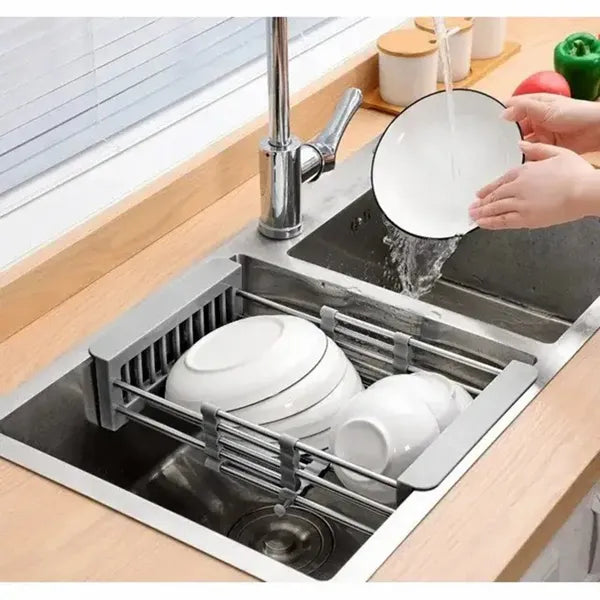 Adjustable Over the Sink Dish Drying Rack, Stainless Steel Expandable Drain Basket for Dishes and Produce