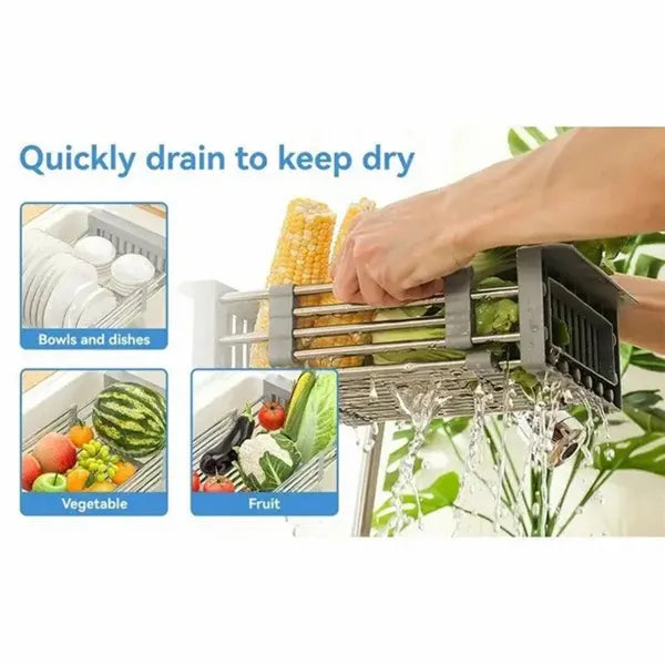 Adjustable Over the Sink Dish Drying Rack, Stainless Steel Expandable Drain Basket for Dishes and Produce