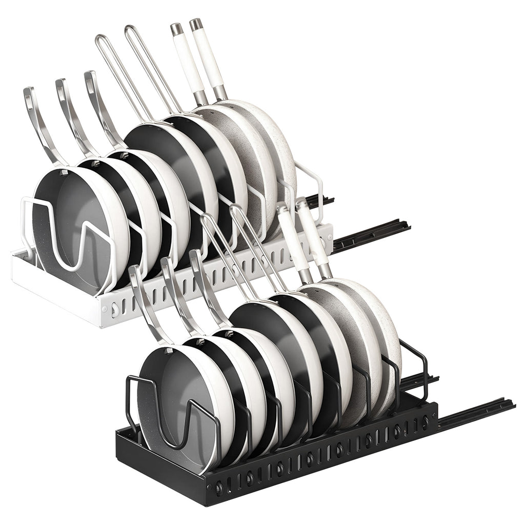 Pull Out Pots and Pans Organizer for Under Cabinet, 8 Adjustable Dividers, Carbon Steel Sliding Cookware and Lid Rack, Black or White