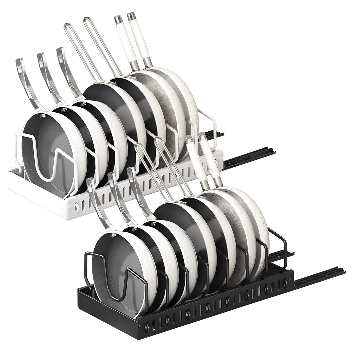 Pull Out Pots and Pans Organizer for Under Cabinet, 8 Adjustable Dividers, Carbon Steel Sliding Cookware and Lid Rack, Black or White