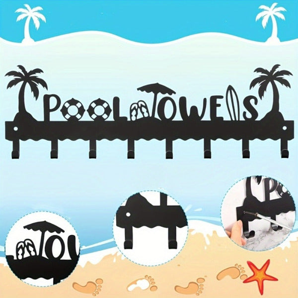 Pool Towel Rack With 8 Hooks, Wall Mounted Black Metal Towel Holder for Bathroom, Poolside, and Spa