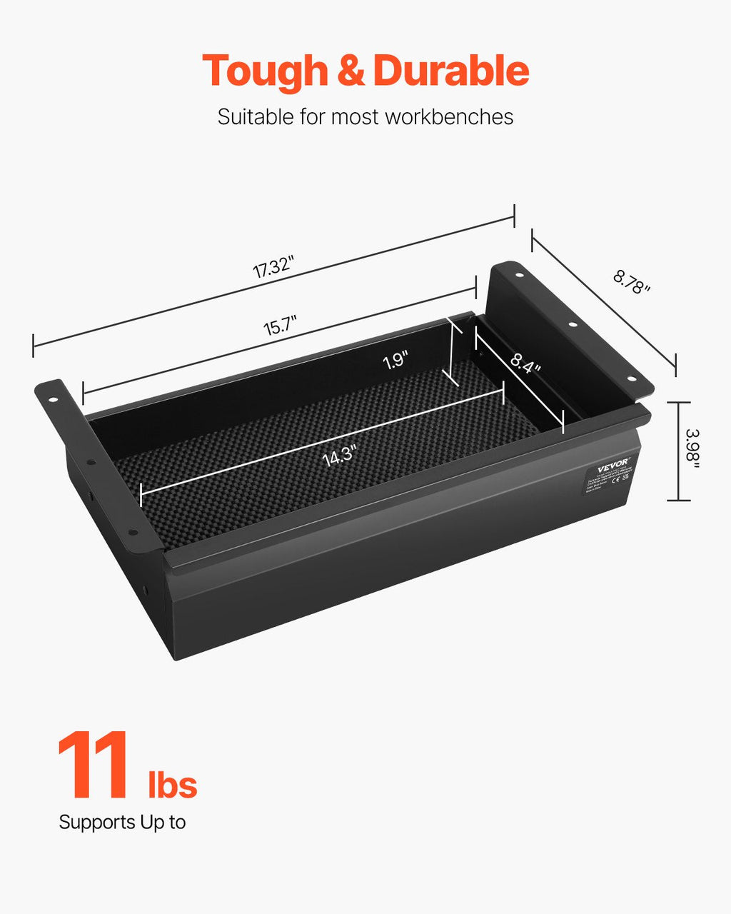 Under Desk Drawer Slide Out, Black Steel Pull-Out Pencil Drawer With Cable Holes, 17 x 9 x 4 In