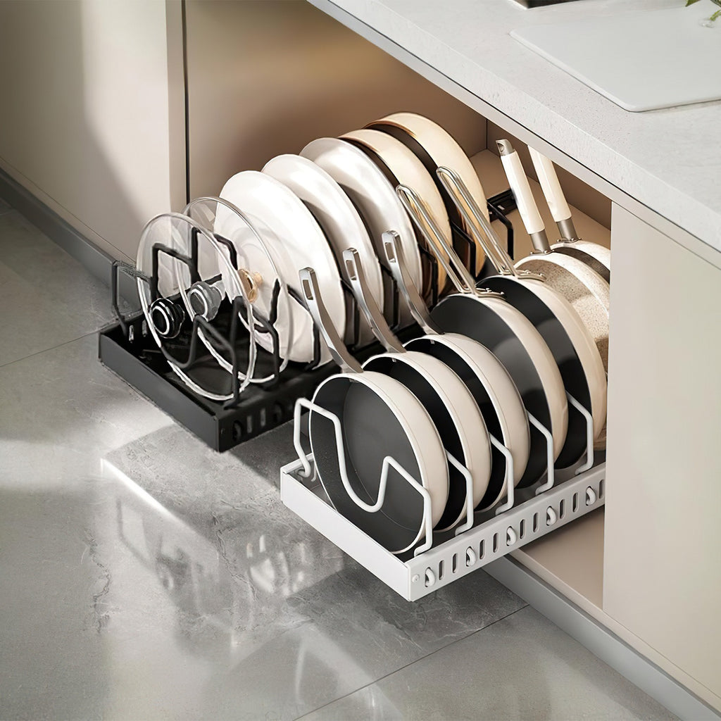 Pull Out Pots and Pans Organizer for Under Cabinet, 8 Adjustable Dividers, Carbon Steel Sliding Cookware and Lid Rack, Black or White