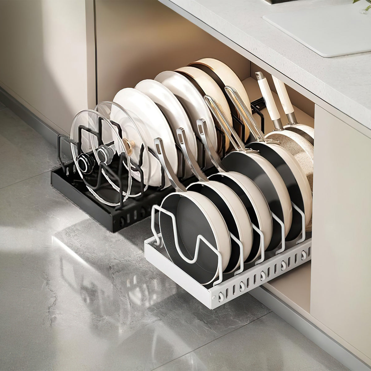 Pull Out Pots and Pans Organizer for Under Cabinet, 8 Adjustable Dividers, Carbon Steel Sliding Cookware and Lid Rack, Black or White