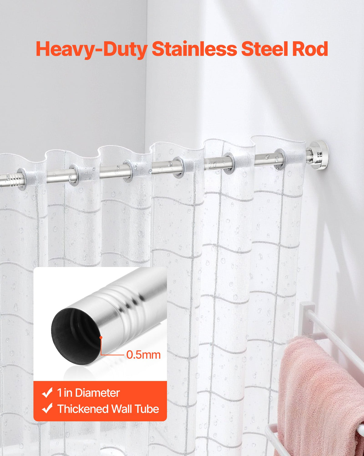 Shower Curtain Rod 28-76 in Adjustable Tension Rod, Stainless Steel Telescoping Closet and Window Rod with Brackets, No Drilling, Silver
