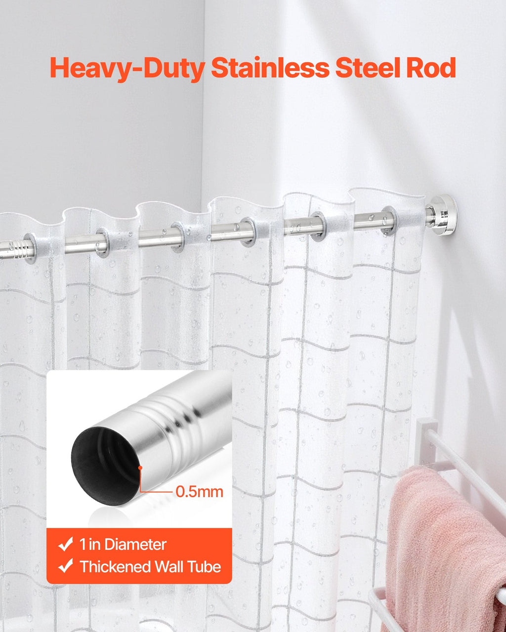 Shower Curtain Rod 28-76 in Adjustable Tension Rod, Stainless Steel Telescoping Closet and Window Rod with Brackets, No Drilling, Silver